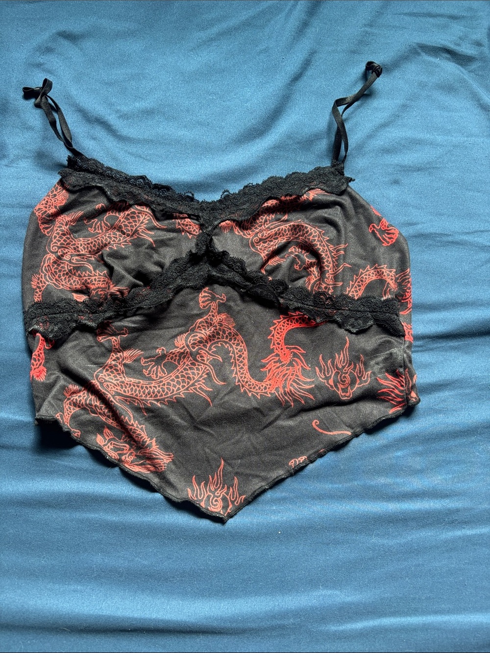 Black Lace-Trim Dragon Print Camisole Top